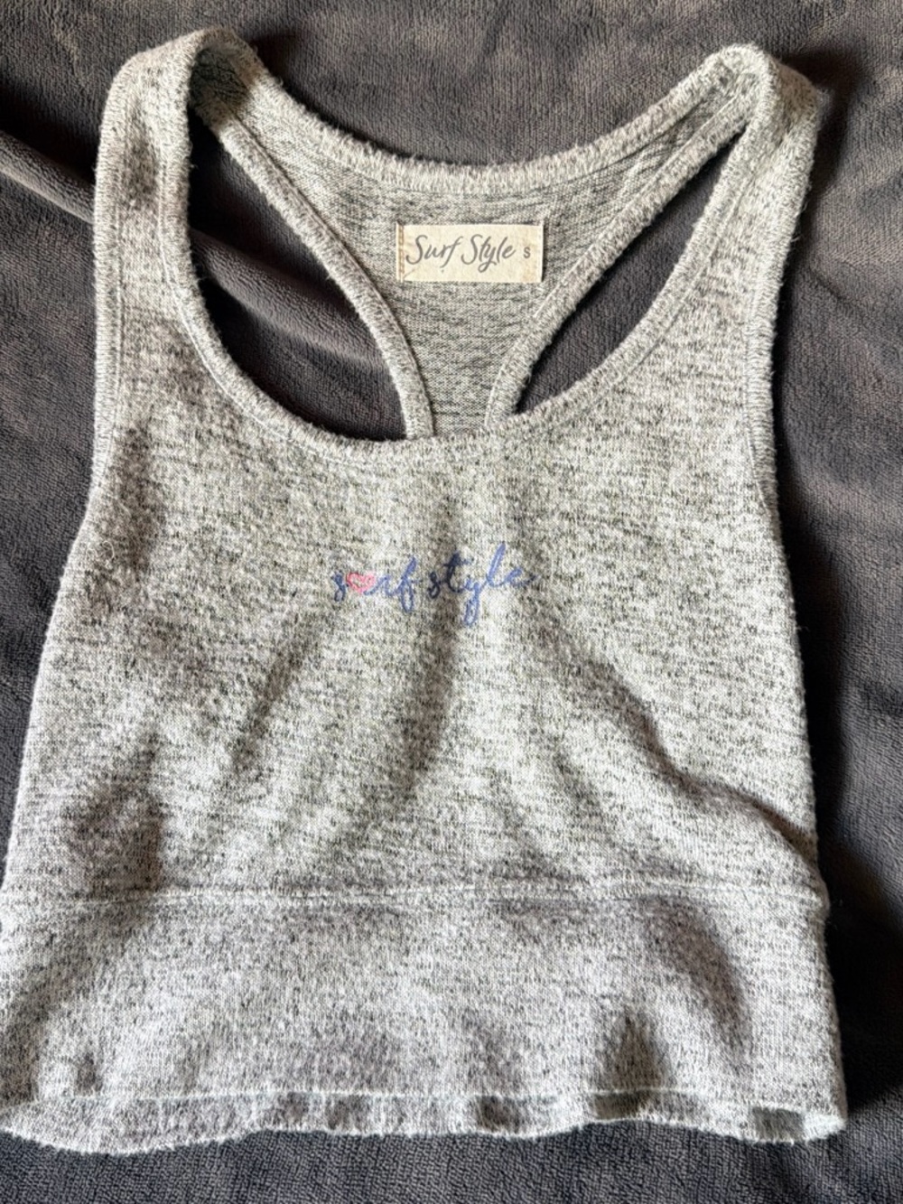 Surf Style Heather Gray Racerback Cropped Tank with Navy Script